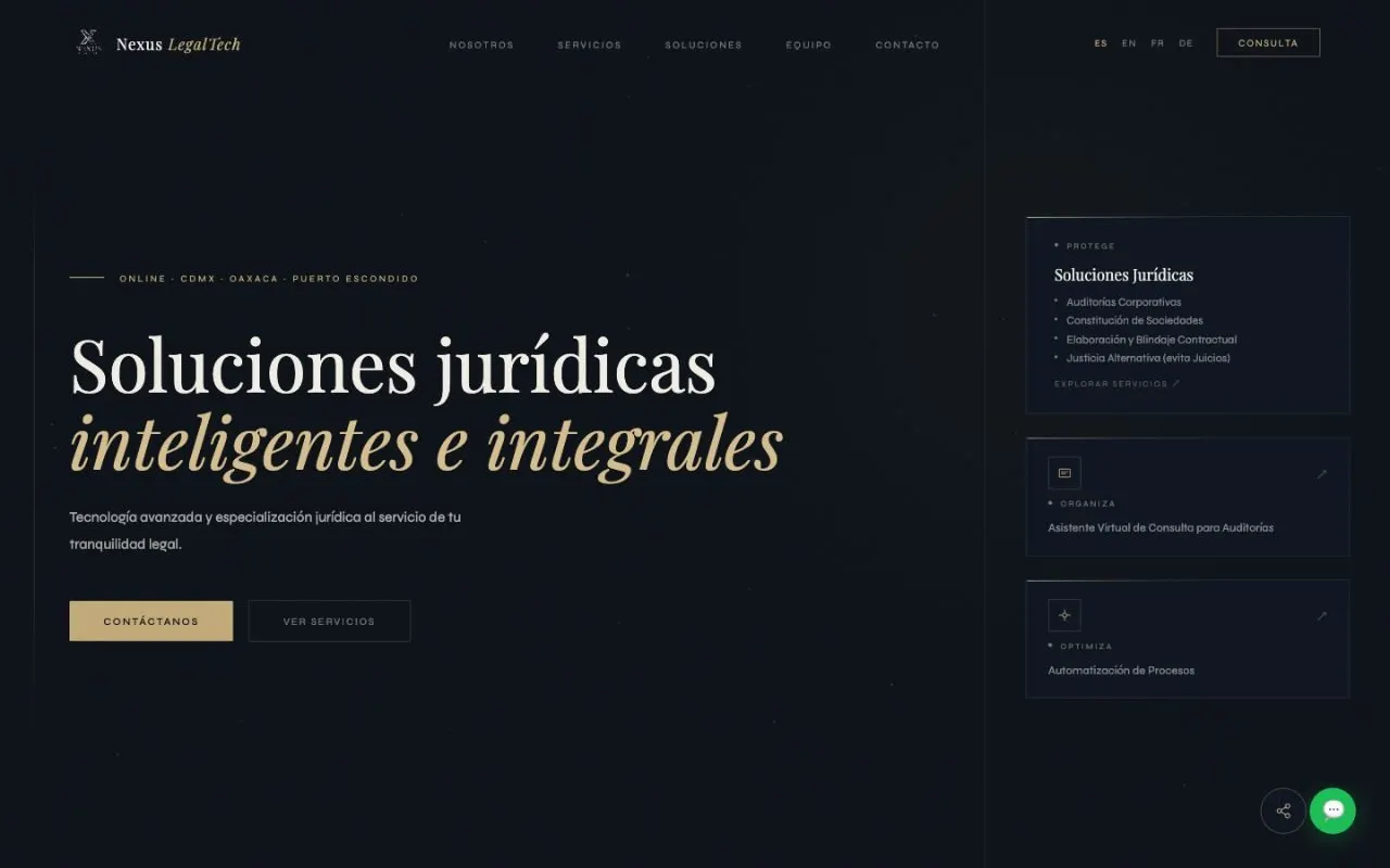 Página web de Nexus LegalTech, firma de tecnología legal, diseñada por Glovanova