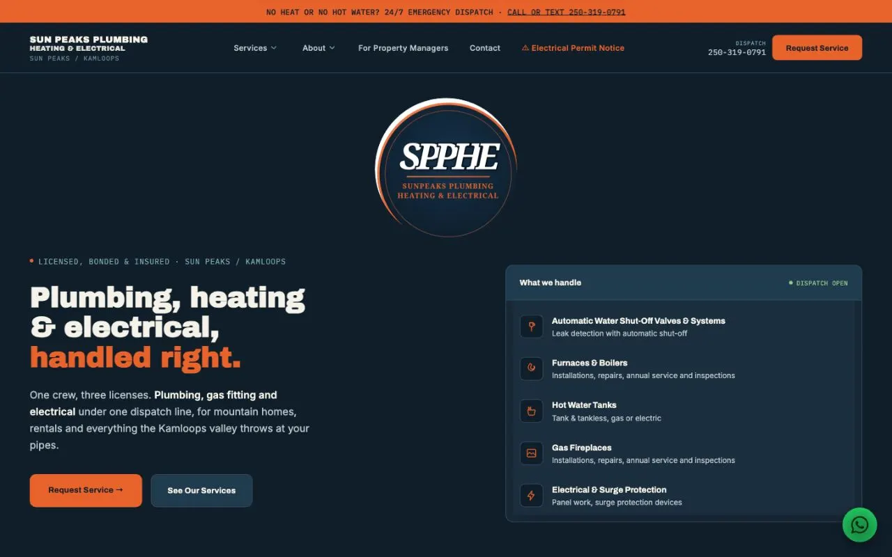 Página web de Sun Peaks Plumbing, Heating & Electrical, modernizada por Glovanova